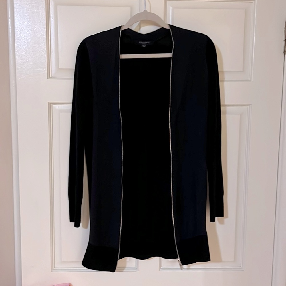 All-Saints black, zipper cardigan- wool & cupro - like new!
